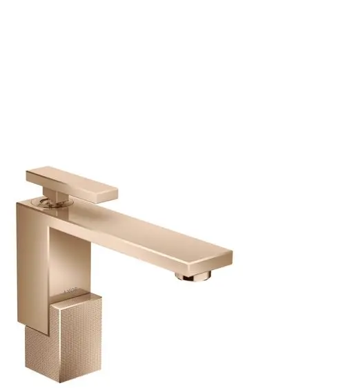 Ein AXOR Waschtischmischer in poliertem Rotgold mit rechteckigem Design und einer Einhebelbedienung. Inklusive Push-Open Ablaufgarnitur.